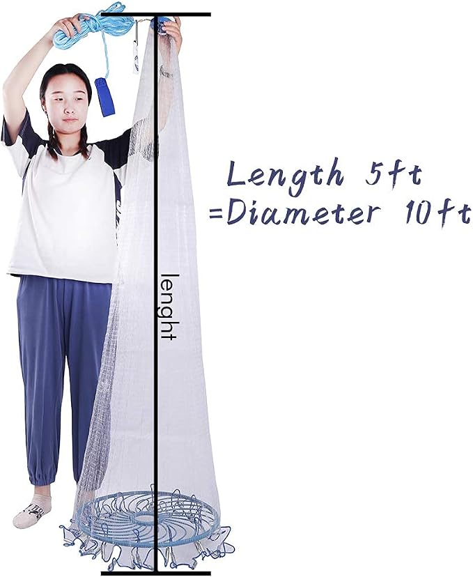 Lawaia Throw Net Saltwater Fishing Cast Net Casting Nets Throw Hand Fishing Net Monofilament Size 4FT/ 5FT/ 6FT/ 7FT/ 8FT/ 9FT/ 10FT/ 11FT/ 12FT Radius
