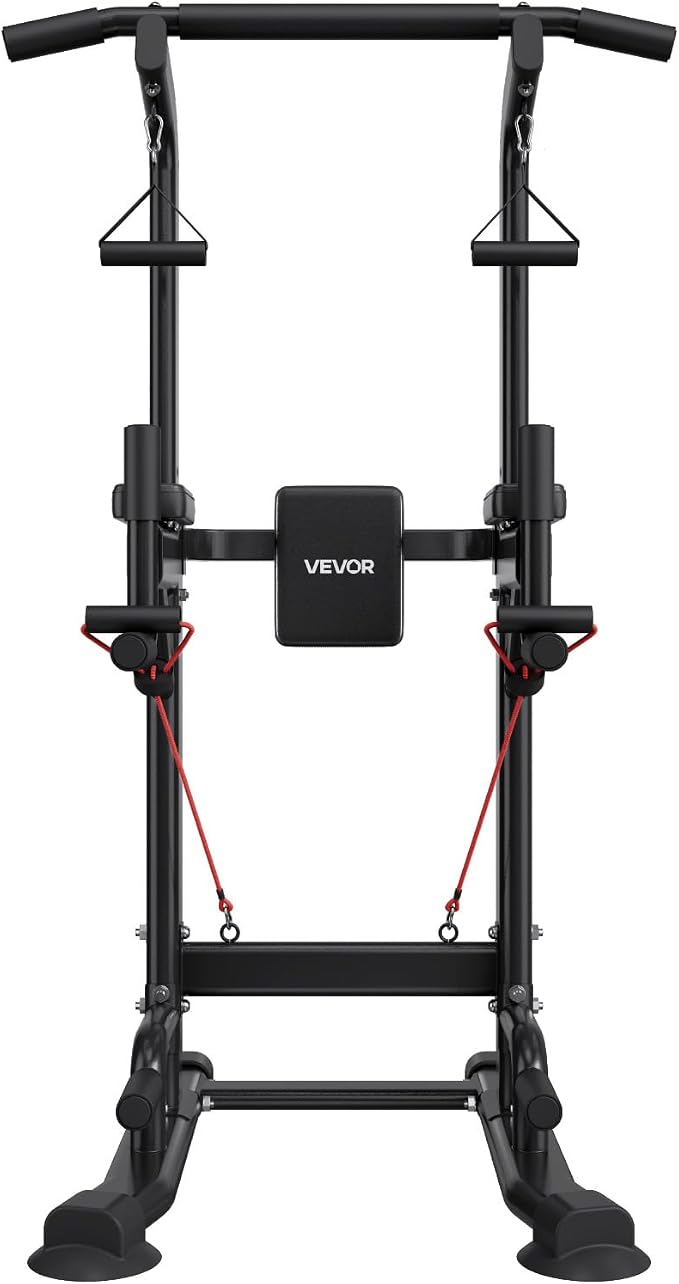 VEVOR Pull Up Bar, 330 LBS Power Tower Dip Station, Workout Dip Station with H-Shaped Stable Base & Back Pad, Adjustable 12 Level Height Free Standing Chin Up Bar for Back, 4-Level Adjustable Back Pad