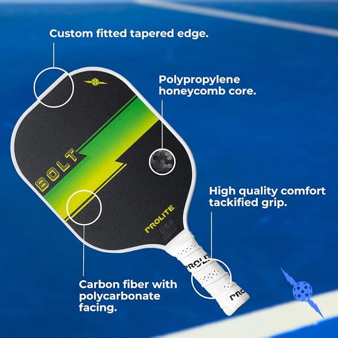 PROLITE Bolt Pickleball Paddle - Light Weight - Powerful - Carbon Fiber Facing for Superior Ball Placement - Polypropylene Honeycomb Core - Micro Matte Edge Guard - USAP Approved