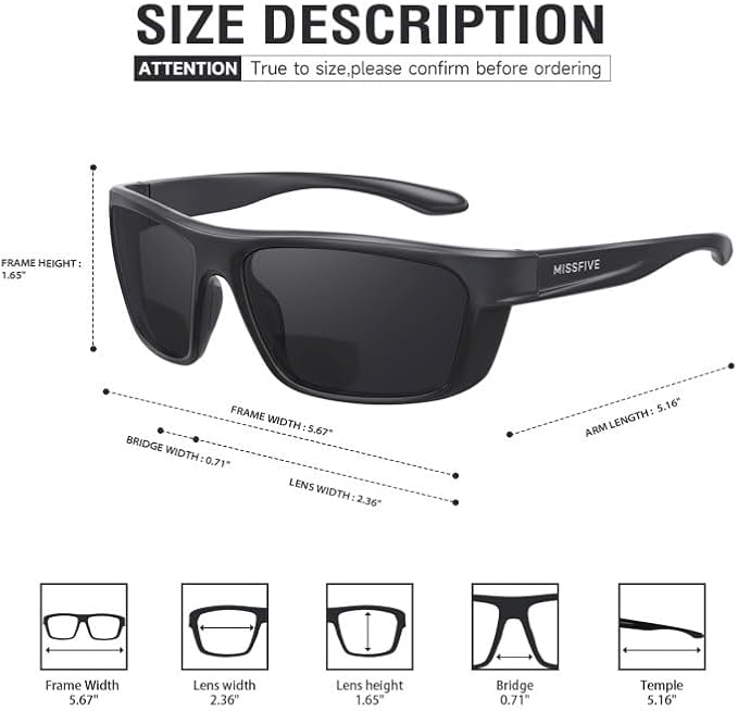 Missfive Premium Bifocal Reading Sunglasses Men Lightweight Wrap Around Design Sun Readers, UV Protection, TR90 Frame Sports/Outdoor/Driving, 3.0x