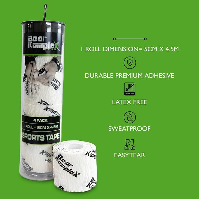 Bear Komplex Athletic Sports Tape, 4 or 12 Pack of Premium Adhesive Wrap, 5 cm Tape, Sweatproof, Breathable, and Non-Slip for Lifting, and Hook Grip, Hypoallergenic and Latex Free