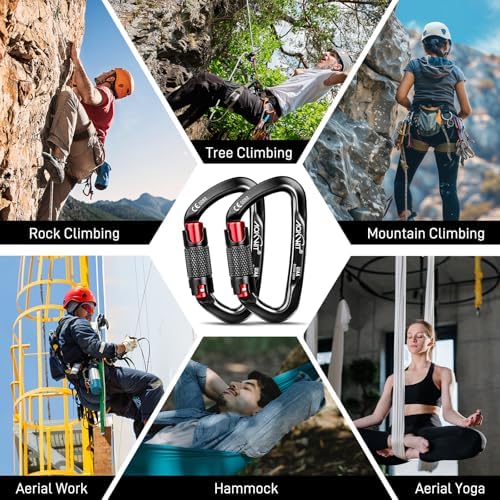 Professional Climbing Gear Set: 50KN Rescue Figure 8 Descender with Large Bent-Ear & 25KN UIAA Certified Auto-Locking Carabiner, Heavy Duty 7075 Aluminum Rappelling Equipment for Rock Climbing, Rescue