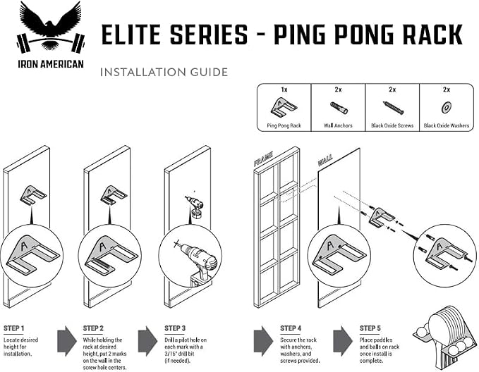 IRON AMERICAN Ping Pong Wall Rack, Made in USA - 1.375 Inch Slot for Balls and 3.25 Inch Slot for Paddles, Ping Pong Ball Holder Table Tennis, Hardware Included 3-Pack