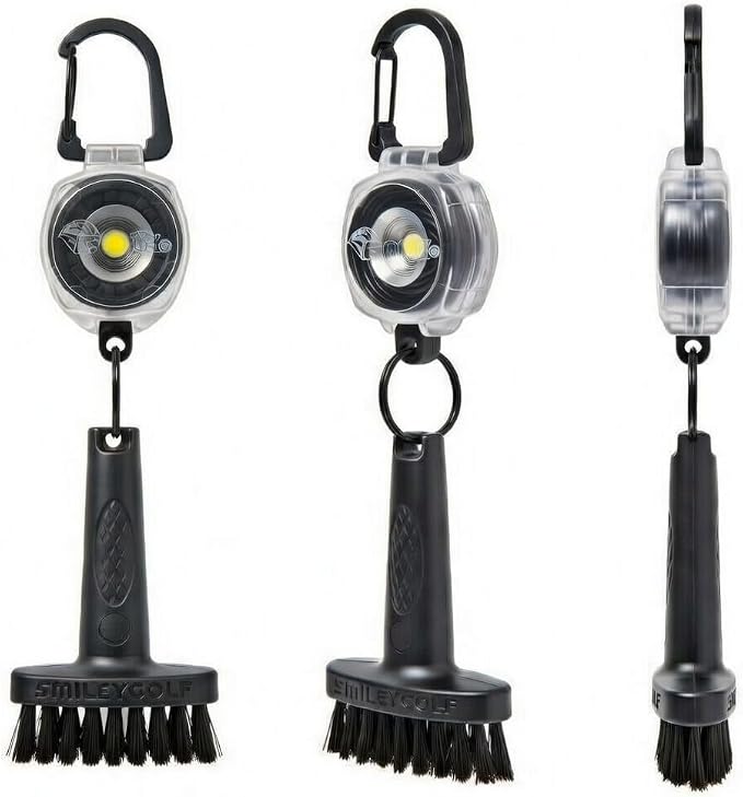 Mini Golf Brush with Clear Retractable Carabiner Keychain Clip and Black Kevlar Cord - Durable Non-Scratch Nylon Bristles Golf Club Cleaner Tool