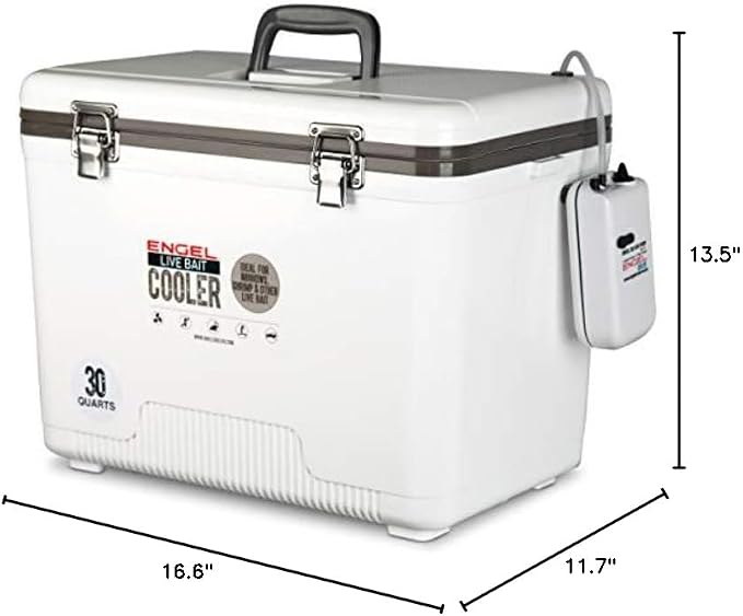 Engel Live Bait Cooler Box with 2nd Gen 2-Speed Aerator Pump - Portable Fishing Station & Minnow Bucket for Shrimp & Other Live Fish with Aerator - ENGLBC-N