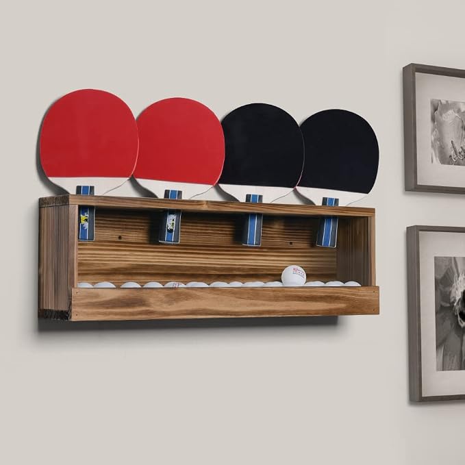Ping Pong Paddle Storage Rack - Table Tennis Racket Display Wall Mounted Holder for 4 Paddles and Balls in Bar, Game Room, Office Break Room, Garage, Bedroom, Home - Rustic Burnt