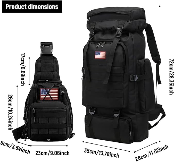 JUMAHE 80L 2-pack Hiking Backpack for Men with Sling Tactical Backpack - Rucksack Molle Military Tactical Waterproof Lightweight Camping Backpack 3 Day Assault Pack for Travel, Climbing, Backpacking