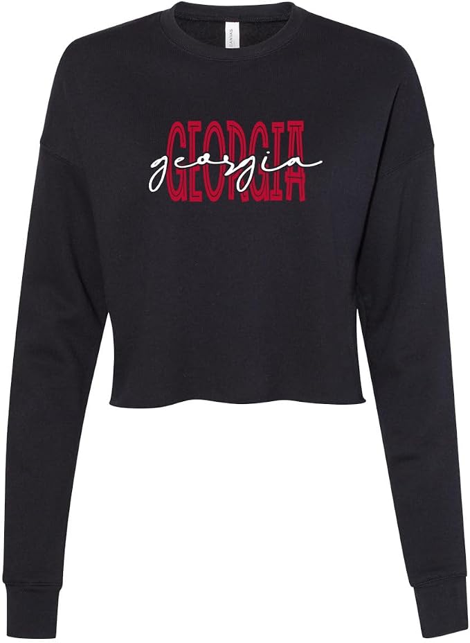 Trenz Shirt Company Georgia Team Color Red and Black Football Team Name Cursive Womens Crop Crew Fleece