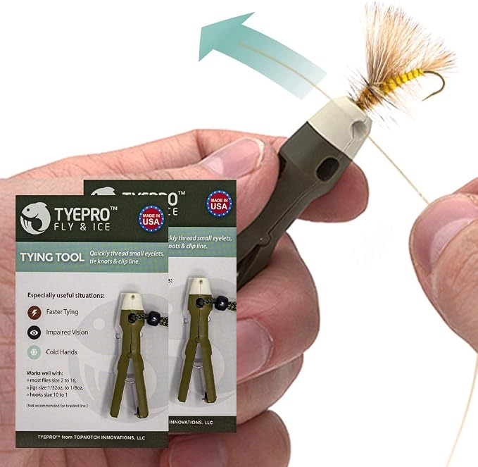 Fly and Ice Fishing Knot Tying Tool 2-Pack: Tie Knots for Hooks, Jigs and Flies. Grip Eyelet, Thread Line, and Clip Fishing Line with One Accessory