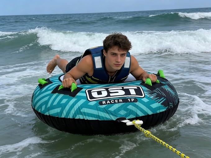 1 Person Towable Tube for Boating, Inflatable Water Tube with Heavy-Duty PVC & Nylon Cover, 4 Grip Handles, Quick Connect Tow System, Durable Water Sports Tube for Adults & Teens
