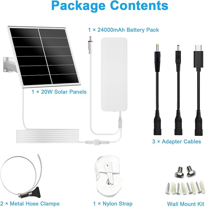 20W Solar Panel Kit with 24000mAh Battery for Security & Trail Cameras, 5V/12V Adjustable Output, USB-C & DC Plugs, IP66 Waterproof, 360° Mount