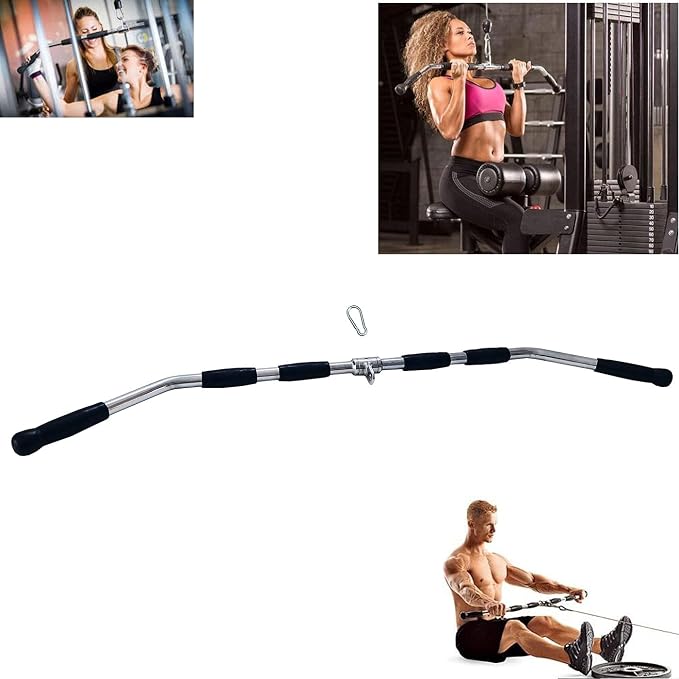 Lat Cable Machine Attachment Curl Pulldown Barbell Revolving Bar, Multi-Exerciser Cable Attachment, Solid Steel Tricep Press Down Bar with Rubber Handgrips & Revolving Hanger