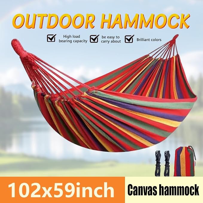 Cotton Canvas Hammock, Comfortable Fabric Camping Hammock with Tree Straps, Up to 440lbs with Travel Bag for Camping Outdoor/Indoor Patio Backyard(Red, Without bar)