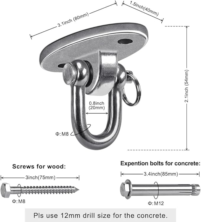 SELEWARE 2 Pieces 2000 lb Capacity Stainless Steel 180° Swing Hangers, Heavy Duty Swing Hooks for Concrete Ceiling Wooden, Hanging Hardware for Por Porch Playground Hammock Gym Swing Sets