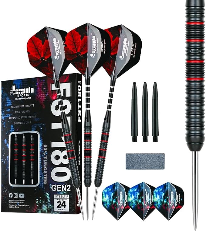 Formula Sports 90% Tungsten Steel Tip Darts Set - Professional Steel Tip Darts Set with Flights, Shafts and Sharpener, Available in 21g/22g/23g/24g