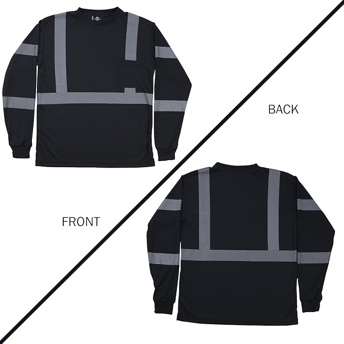 VENDACE 3 Pcs Safety T Shirts Reflective High Visibility Hi Vis Long Sleeve Construction Work Shirts for Men (Black,2XL)