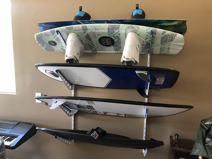 StoreYourBoard Adjustable Wakeboard Storage Rack – Wall Mount 4 Level Display, Heavy Duty Water Sports Gear Hanger for Wakeboards, Wakesurf Boards, and More, Holds up to 100 lbs