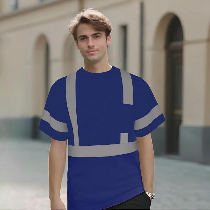 TCCFCCT Hi Vis Class 3 High Visibility Shirt for Men With Pocket, Short Sleeve Construction Work With Reflective Strips, Durable, Breathable, DC-Blue XXL