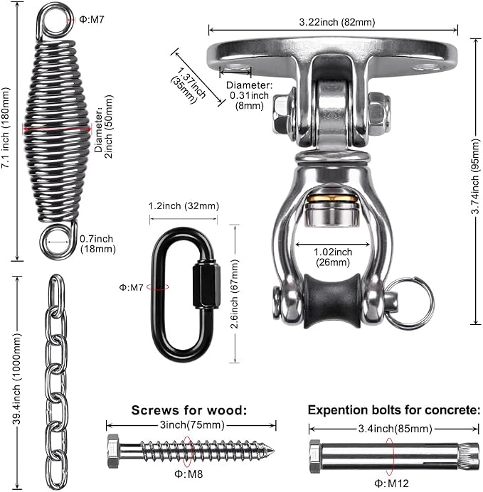 SELEWARE Hammock Chair Hanging Kit, Stainless Steel Bearing Swing Hanger with Heavy Duty Spring and Chain, Ceiling Mount for Hanging Indoor Outdoor Swing, Hammock Chair, Heavy Punching Bags