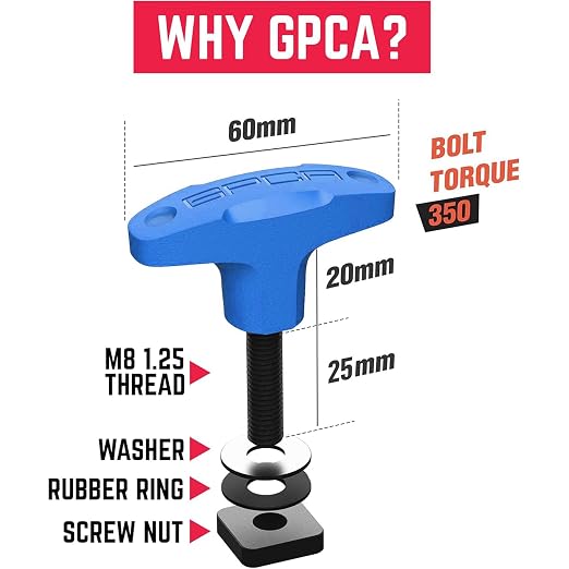 GPCA โ Quick Release Tie Down Anchor/T-Handle Jeep JK Hardtop Bolts & Cargo Hooks for Jeep Wrangler Accessories JK 2007-2018, M8 25mm Thumbscrew, GP Anchor PRO w/Nut, 6 Pack (Blue)
