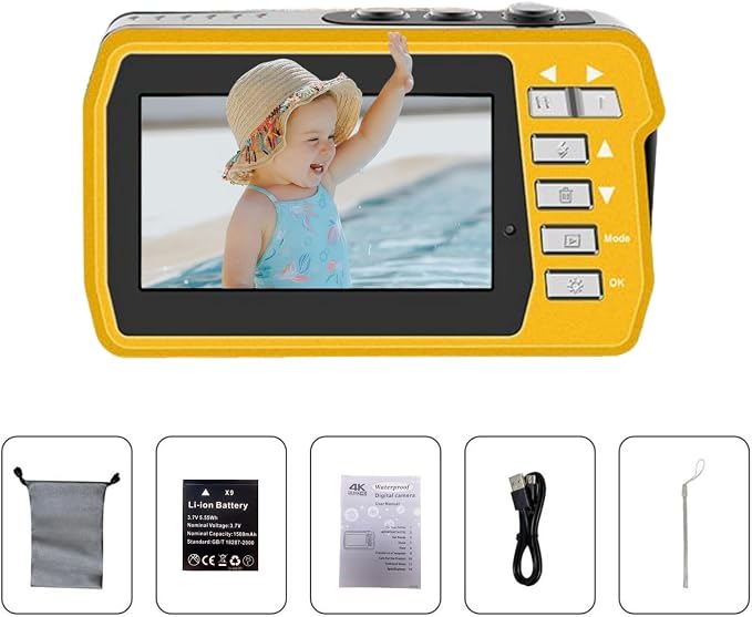 4K Underwater Camera, Full HD 4K&48MP Compact, 10FT Waterproof Camera for Snorkeling, Surfing, Rafting, Dual-Screen for Selfie/16X Digital Zoom/Fill Light/Support 128GB (Yellow)