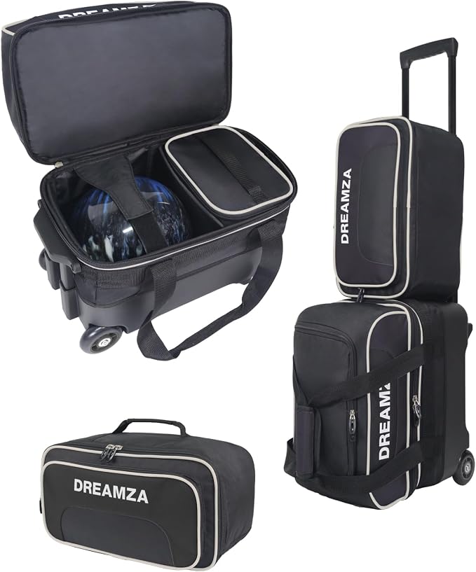 Single Bowling Ball Bag with Wheels, Deluxe Rolling Bowling Bags 1 Ball and Shoes Pocket w/Molded BallCup, Bonus Storage Bag, 40" Retractable Handle - Large 1 Ball Bowling Bags with Wheels