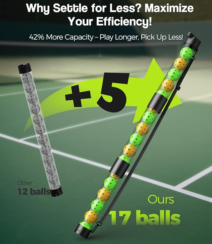 17 Balls Pickleball Ball Retriever & Holder with Strap – Adjustable Height Ball Collector, Back Saver for Adults, Kids & Wheelchair Users – Lightweight, Portable, Eco-Friendly (Green)