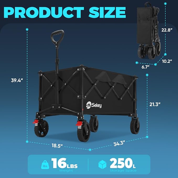 Sekey Collapsible Foldable Wagon with 330lbs Weight Capacity, Heavy Duty Folding Wagon Cart with Big All-Terrain Wheels. Black