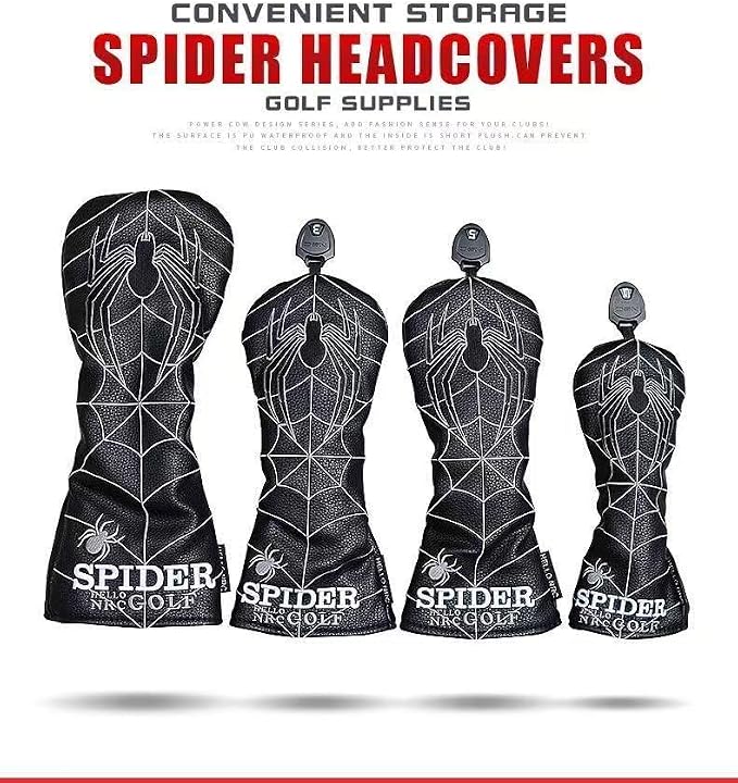 Vesperlux Spider Golf Headcovers Driver Wood Hybrid Iron | Waterproof Leather, Magnetic Putter Cover, Anti-Slip Fit, Full Protection, Durable, Fits Alignment Stick, Men's Golf Gift