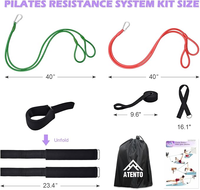 ATENTO Resistance Pilates System Reformer Style Pilates Lightweight Portable Pilates for Home Gym, 2 Pcs Resistance Bands,1 Door Anchor,1 Exercise Straps,1 Handle Straps