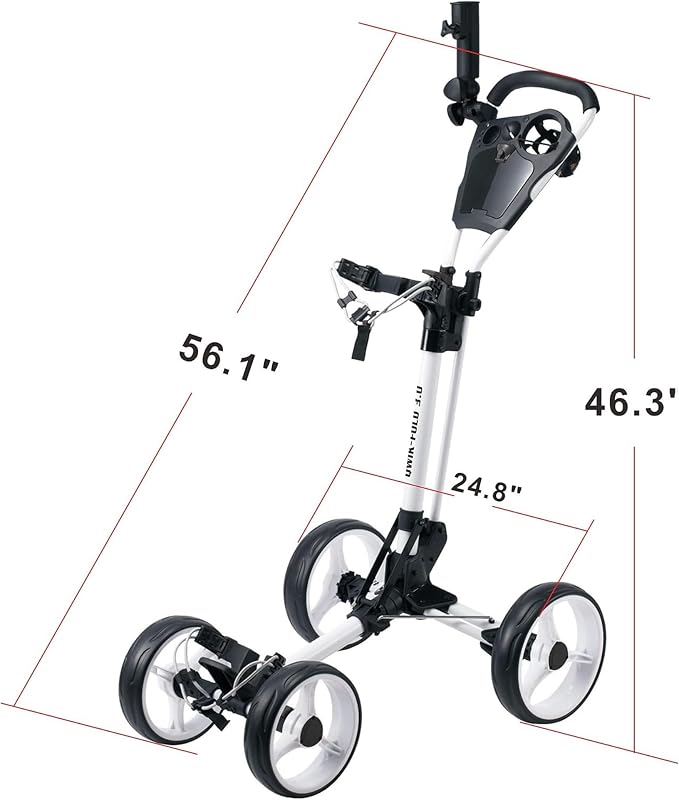 Qwik-Fold Golf Push Cart 4-Wheel with Foot Brake – 1-Second Fold Golf Trolley, Lightweight Aluminum Frame, Adjustable Handle, Ball-Bearing Wheels & Umbrella Holder