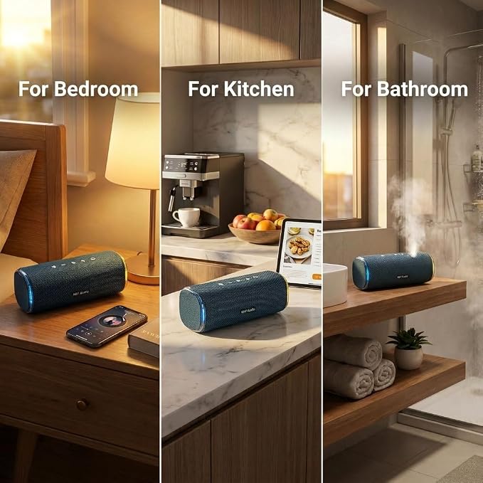 40W Bluetooth Shower Speaker, IPX7 Waterproof Pool Speaker | Interactive Tap-to-Play Drum Beats, 25H Playtime, LED Lights, Built-in Mic for Hands-Free Calls in Bathroom, Blue
