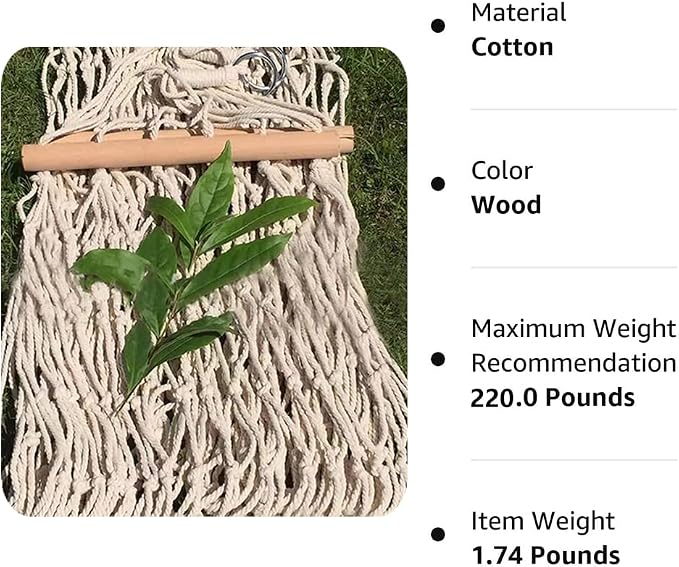 Cotton Rope Hammocks with Wood Spreader,Traditional Hand Woven Hammock for Outdoor, Indoor,Patio, Backyard,Accommodates One Person with a Weight Capacity of 220 lbs.