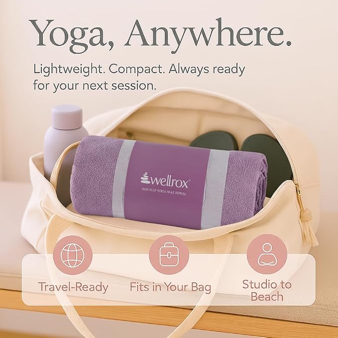 Wellrox Microfiber Yoga Mat Towel with Grip β Ultra Absorbent, Super Soft, and Quick Dry Hot Yoga Towel Non Slip for Pilates, Bikram, and Fitness Workouts (74β x 26β, Lavender)