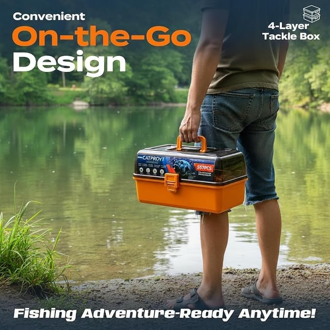 557Pcs Large 4-Tray Tackle Box with Tackle Included - Professional Fishing Gear Kit with Fish Gripper, Pliers, Hook Remover - Bass Fishing Lures Set, Gift for Men Kids