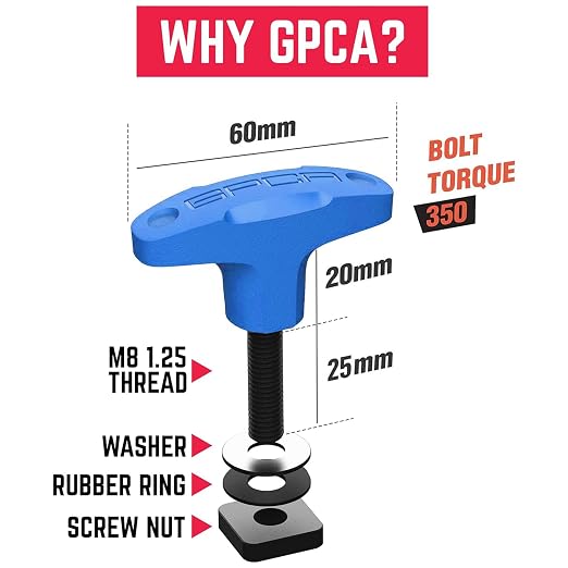 GPCA โ Quick Release Tie Down Anchor/T-Handle M8 25mm Screw & D-Plate Set for Ford Bronco Hard Top Removal, Truck Bed Tie Down Anchors, Jeep Accessories, Cargo Tie Down Hooks w/nut 6 Pack (Blue)