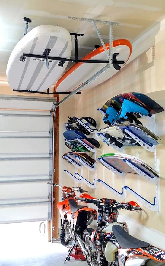 StoreYourBoard Standup Paddle Board and Surfboard Garage Storage Rack - Adjustable Ceiling Mount Hanger for SUP Storage, Heavy Duty Overhead Paddleboard Organizer for Garage, Space Saving Rack