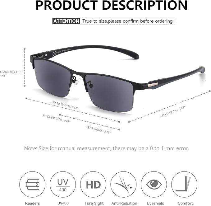 SKYOAK 2 Pack Premium Reading Sunglasses for Men with UV400 Protection Outdoors, TR90 Ultra-Light Dark Lens Sun Readers, Tinted Reading Glasses Half Frame Design & +2.50x - Not Bifocals