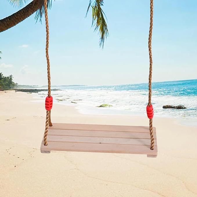 Solid Beech Wood Swing Seat - 16.4"x7.5"x0.6" Adjustable Rope Tree Swing Set, Heavy Duty Hanging Chair for Backyard, Garden, Playroom Indoor/Outdoor Use