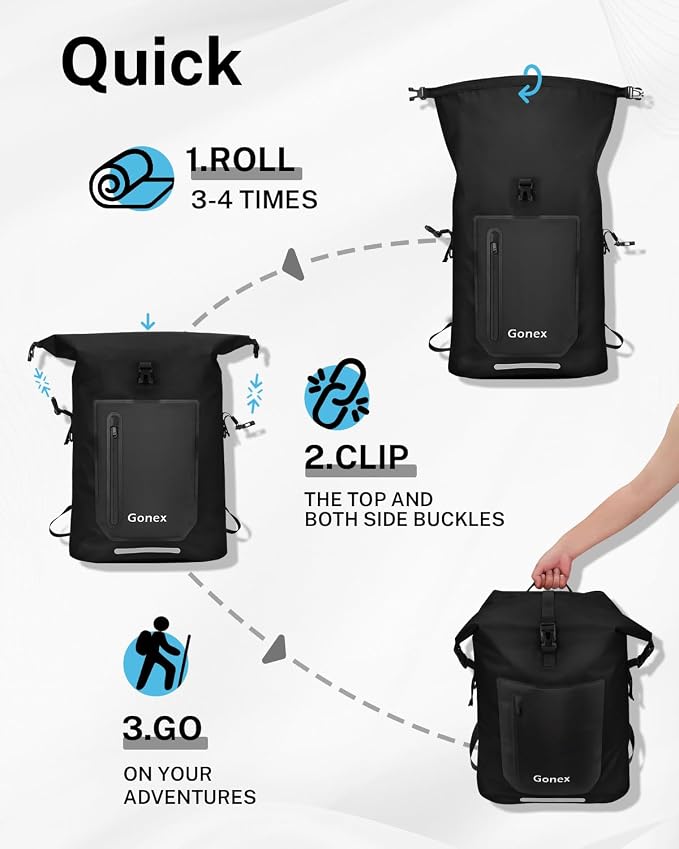 Gonex Ultralight Waterproof TPU Backpack, 55L Roll Top Dry Bag with Comfortable Padded Back Panel for Kayaking Boating Camping Fishing Travel,Black