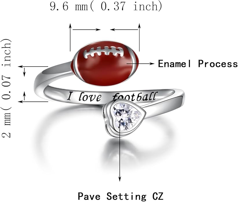 925 Sterling Silver Basketball Softball Baseball Football Tennis Racket Ring Adjustable Sports Jewelry Gifts for Women Player Mom