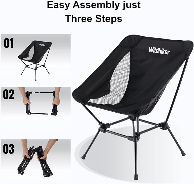 Wildhiker Lightweight Camping Chair – Folding Portable Chair for Adults, 2.16 lbs with Square Base and Carry Bag for Travel, Fishing, Motorcycle, Festival–Black2pcs
