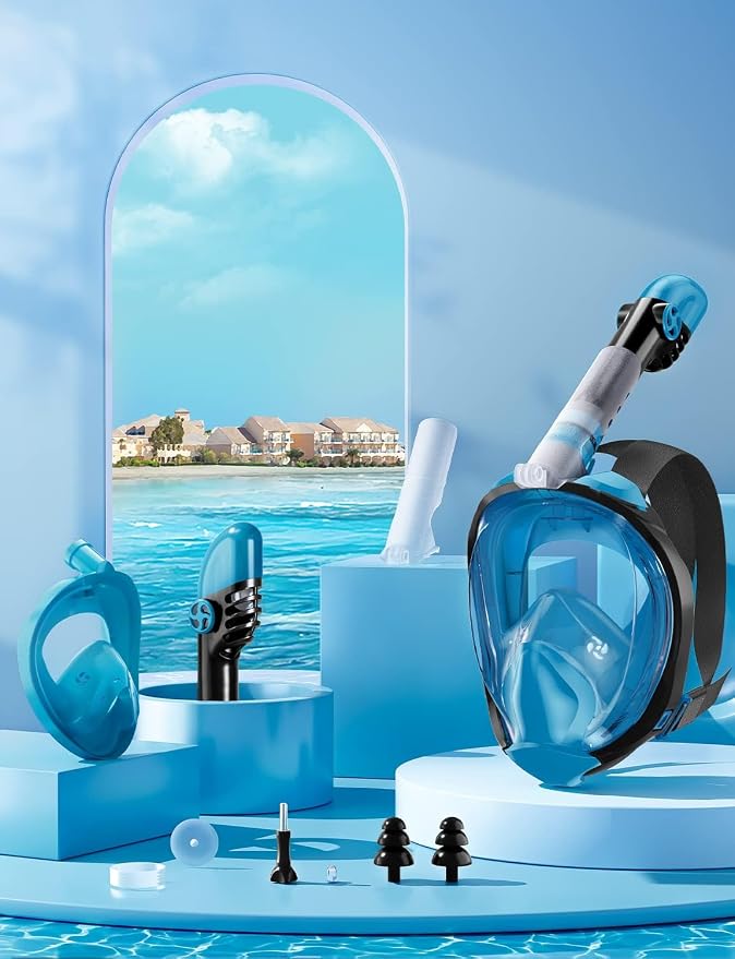 Full Face Snorkel Mask for Adults, 180° Panoramic Anti-Fog Snorkeling Gear with Dry Top System & Camera Mount, Foldable Anti-Leak Design for Travel, Swimming & Ocean Snorkeling