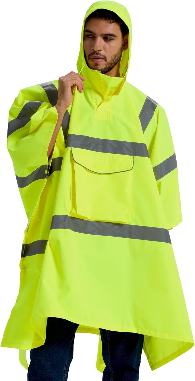 SRsafety Hi Vis Rain Poncho,High Visibility Rain Ponchos for Adults with Pocket,Safety Rain Jacket Stowable Conjoined Cap