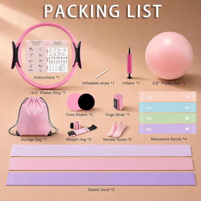 kornsurte Pilates Kit, 19PCS Pilates Equipment for Women, Pilates Ring and Ball Set, Resistance Bands, Ankle Weights, Pilates Starter Set for Home Workout, Core Strength & Flexibility