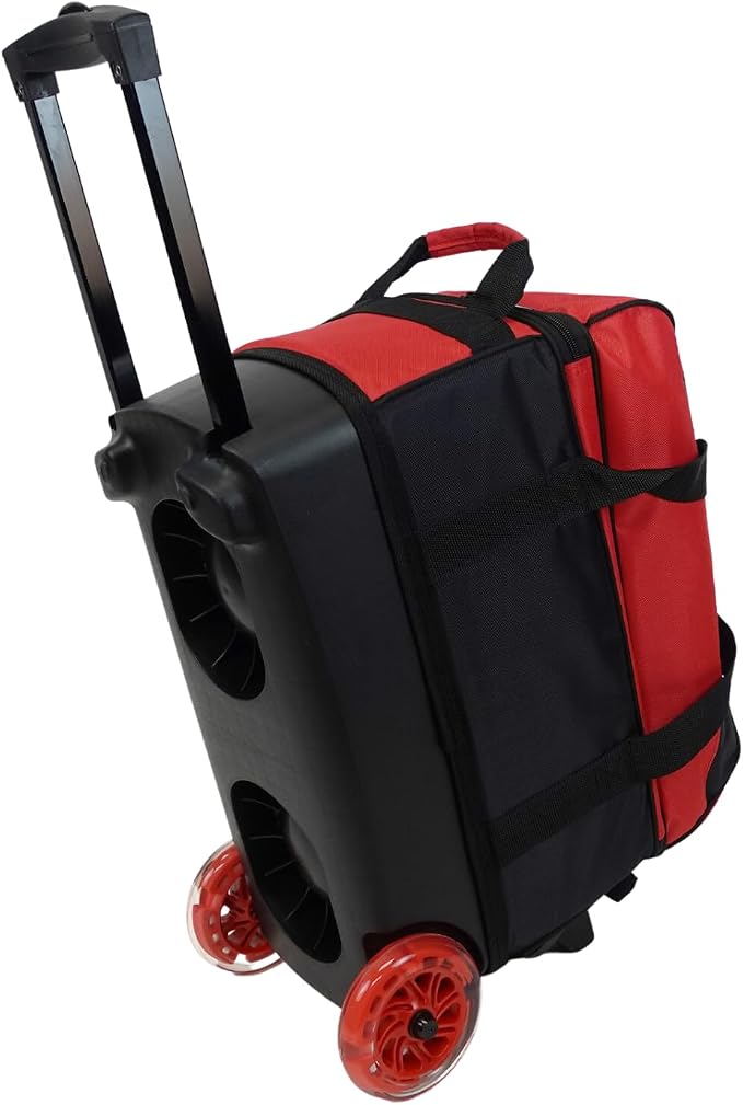 ELITE Deluxe 2 Ball Bowling Bag with 5" Smooth Wheels - Large Accessory Pocket, Shoe Compartment, 36" Extendable Handle
