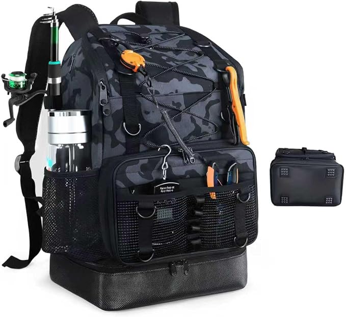 Fishing Backpack with Rod Holder, Heavy Duty Fishing Bag with Waterproof Bottom, Tackle Backpack Gifts for Man Woman-Black Camo