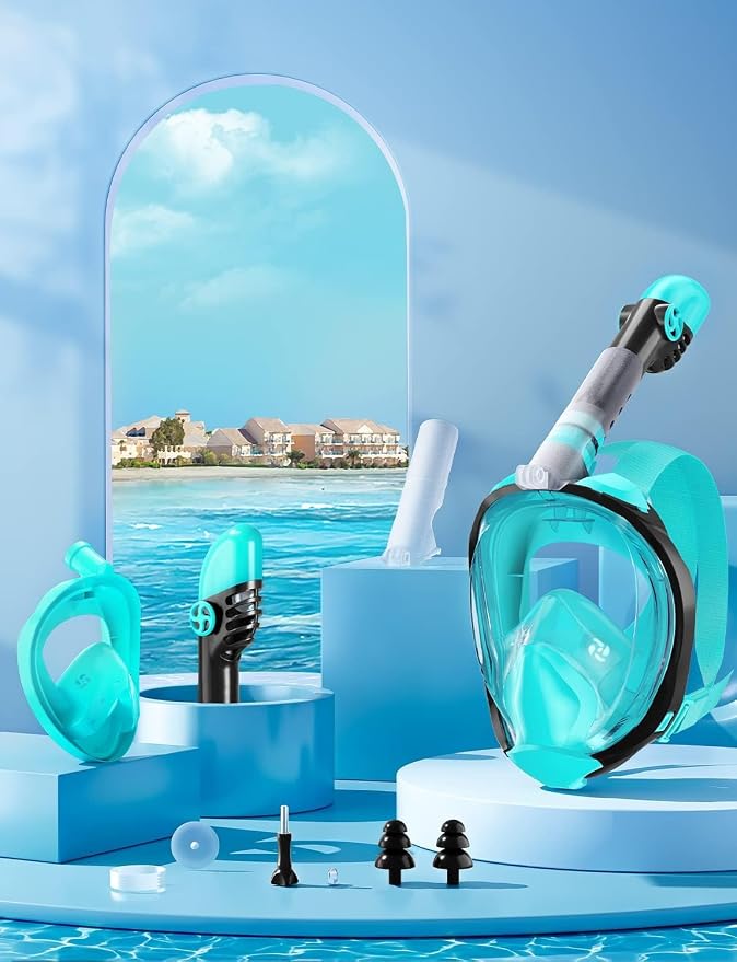 Full Face Snorkel Mask for Adults, 180° Panoramic Anti-Fog Snorkeling Gear with Dry Top System & Camera Mount, Foldable Anti-Leak Design for Travel, Swimming & Ocean Snorkeling