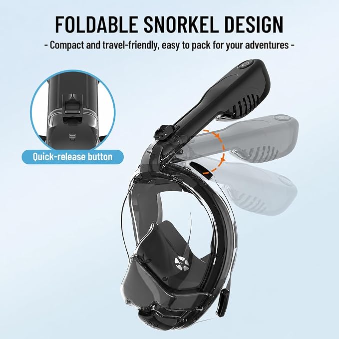 Electric Full Face Snorkel Mask for Adults, Fan-Assisted Airflow Snorkeling Gear, 180° Panoramic Anti-Fog View, Dry Top Leak-Resistant Design with Camera Mount for Beach Vacation