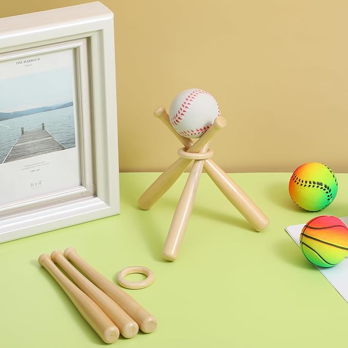 8 Pack Wooden Baseball Display Stand Holder, Mini Baseball Bats and Rings, Creative Gift for Baseball Fans, Office Home Desk Decor